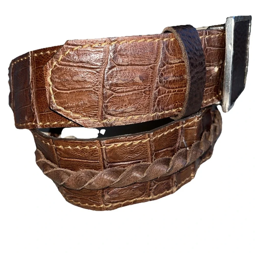 Vintage Vin Baker USA‎ Brown Alligator Belt Women's Western Square Buckle